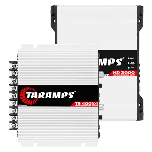 Taramps HD 3000 1 Ohm Class D monoblock car Audio amp 3000 watts RMS + Taramps TS 400x4 2 Ohms Full Range 4 Channels 400W RMS car Amplifier Bundle, 2-Pack