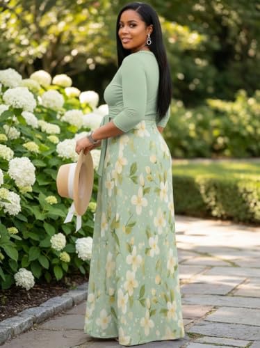 Image of PinkPatty Plus Size Maxi Dress for Women Casual V Neck 3 /4 Sleeve Boho Printed Long Dress with Pockets