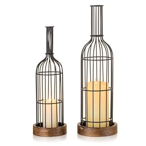 Metal Lanterns Decorative Set of 2 – Indoor Rustic Farmhouse Candle Holder Wine Tray Lantern for Wedding Table Centerpiece Fireplace Mantle Shelf, 16″ 13″ Home Decor, Distressed Brown