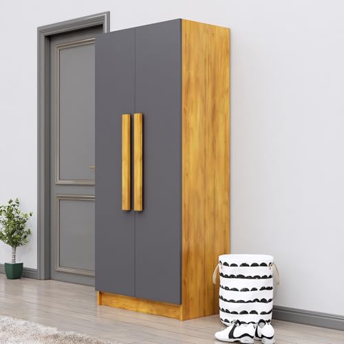 Image of Bniture 2 Door Wardrobe for Bedroom | Almirah for Clothes with 4 Shelves | Spacious Storage Cupboard for Bedroom | Wooden Wardrobe (46D x 80W x 182H CM) | 3 Years Warranty | Giant Wood & Slate Grey