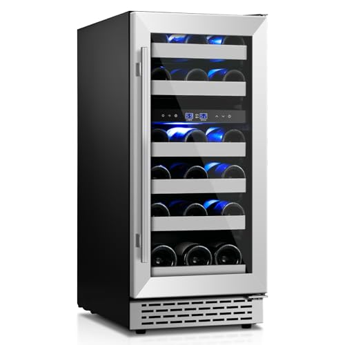 VINECOLD Wine Fridge Freestanding,15 Inch Wine Cooler Under Counter,28 Bottle Built-in Dual Zone Wine Refrigerator with Stainless Steel Reversible Door for Home and Kitchen