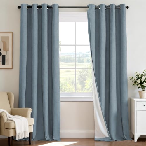 H.VERSAILTEX 100% Blackout Curtains for Bedroom 96 Inches Long Grommet Linen Look Full Light Blocking Curtain Drapes for Living Room Thermal Curtains 2 Panels Set, 52" W x 96" L, Stone Blue