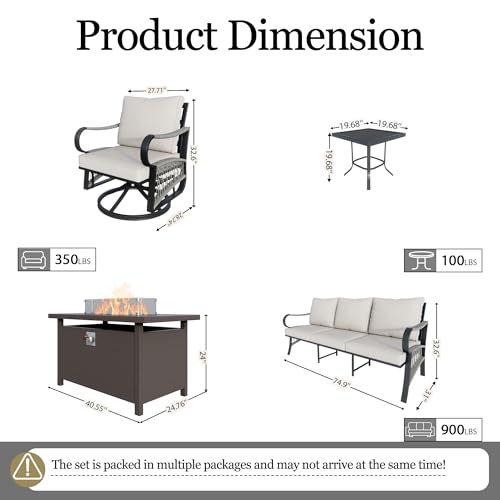 Image of 9-Piece Outdoor Furniture Set, Metal Swivel Rocking Chairs with All-Weather Cushions, Patio Conversation Set with Fire Pit Table for Deck, Porch, Garden, Backyard, Poolside (Beige Cushions)