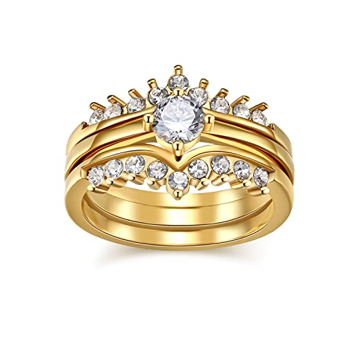 Yellow Gold Plated 3pcs Womens Wedding Ring Sets Bridal Sets Round Cz Engagement Ring Wedding Band