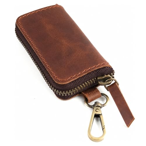 Image of Handmade Full Grain Leather Car Key Holder & Zippered Coin Purse | Belt Loop Key Chain, Compact Earphone Holder Multi-Functional Money Purse Elegant Leather Accessory Versatile Key Organizer (Tan)