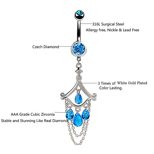 Belly Navel Ring Surgical Steel Teardrop Crystal Sapphire Chandelier Dangle Curved Barbell Bananabell Piercing #TOP6