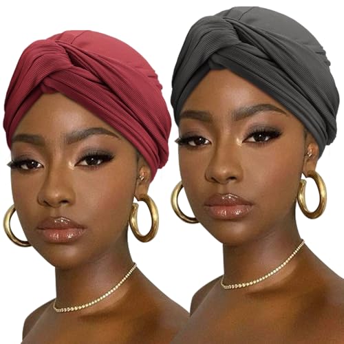 AQOKKA Knotted Headwraps for Women Stretch African Ribbed Turban Head Scarf for Black Women Hair Cancer Chemo Headwear Cap