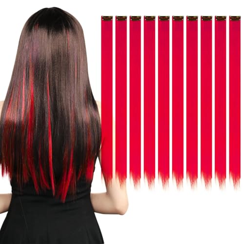 KAIYAYA 10 extensiones de pelo de colores, extensiones de pelo para niños, resistentes al calor, clips para mujeres, niñas, niños, fiestas (rojo chino)