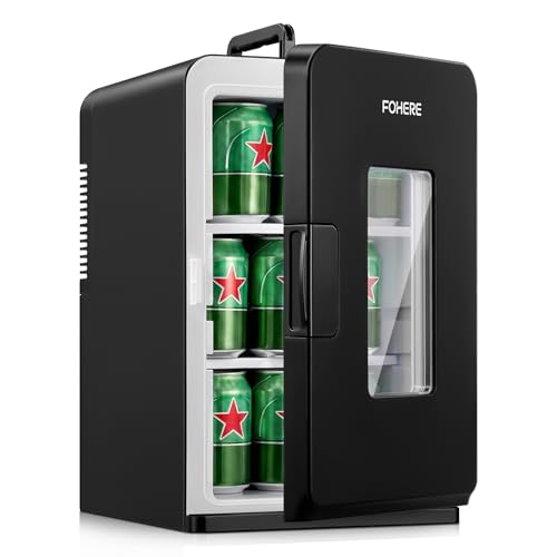 FOHERE Mini Nevera 21L, Pequeñas Frigorífico, 12V/220V Función Frío/Calor, Modo Silencioso, Refrigerador Bebidas/Snacks/Cosmético, Bajo Consumo, Negro