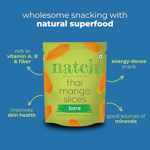 Image of Natch Dried Thai Mango Slices, Healthy Snakcs Vegan & Gluten Free, 100% Natural Mango Fruit, No Artificial Preservatives, Healthy Fruit Snacks for Adults & Kids, Real Mango Candy, 60g each (Pack of 2), Bare Flavour