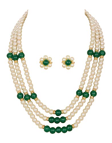 VISHAKA PEARLS AND JEWELLERSWhite and Green Multilayer Imitation Pearl Vintage Bridal Necklace Earrings Jewellery Set for Women