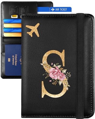 Slohif Initial Passport Holder Cover Wallet Case for Travel Women - Leather Letter Passport Book Family Multiple Personalized Organizer Card Slots Protector Sleeve Essentials Slim Carrier Black S