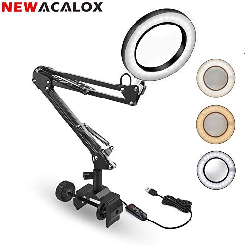 Lampe loupe à LED avec pince, lampes de loupe éclairées 3 couleurs NEWACALOX à 5 dioptres à intensité variable, lampe à bras pivotant réglable pour table ou atelier