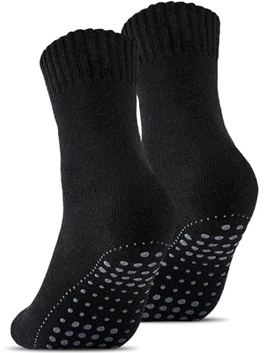 Stoeury 2 Paar ABS Socken mit Wolle Herren Damen, Thermosocken aus Volle-Frottee, Anti Rutsch Wollsocken, Rutschfeste Stoppersocken, Warme Dicke Socken Wintersocken, Haussocken, Schwarz, 43-46