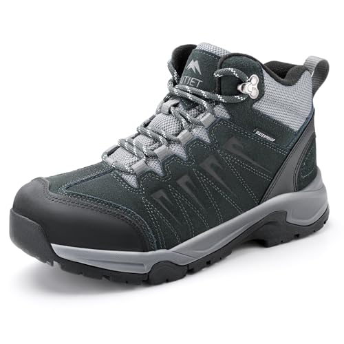 OUTJET Men's Waterproof Hiking Boots Lightweight Comfortable Leather Mid Ankle Outdoor Trekking Boot