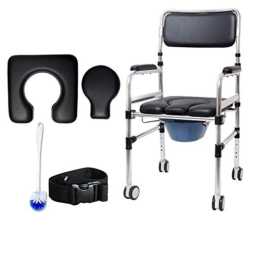 Silla de noche para inodoro con ruedas, silla de ducha con ruedas con asiento de inodoro acolchado y cinturón para discapacitados y personas mayores, inodoro portátil