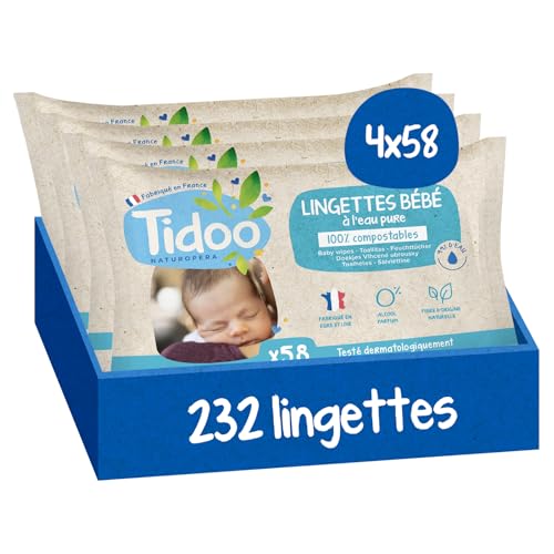 TIDOO – Toallitas de agua pura – Toallita de bebé suave y ultra resistente – Toallitas limpiadoras compostable sin alérgenos – Cuidado de la piel normal y frágil – 4 x 58 toallitas limpiadoras