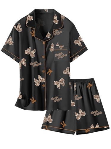 Image of Schbbbta Girls Womens Pajamas, Satin Silky Pjs Set Kids 2Pcs Button-Down Nightwear Sleepwear Gift for Mommy and me