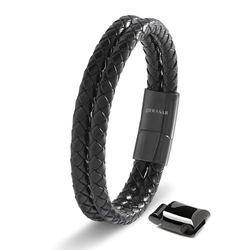 SERASAR 17cm Negro Pulsera de Cuero Hombre Pulseras Hombres Brazaletes Pulso Muñequeras Bisutería Joyeria Cuerdas Bracelet Men Jewellery Unisex Ancha