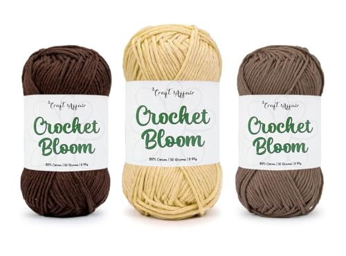 Image of Craft Affair | Crochet Bloom Cotton Yarn 8ply (Each Color 2mm, 77Meter, 50Gram) 100% Pure Cotton | for Knitting Yarn | Craft & DIY Project: Coffee, Beige, Stone