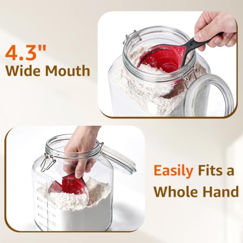 Image of Large Square Glass Jars with Airtight Lids 1.1 Gallon Wide Mouth | 2 Pack Square Canisters with Measurement Marks for Bulk Flour Storage, Flour, Sugar, Fermenting Kombucha & Pickling 128 oz