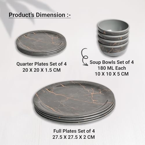 Image of MARKET 99 Heavy-Duty Grey Static Melamine Dinner Set - 12 Pcs | Includes 4 Full Plates, 4 Quarter Plates & 4 Soup Bowls | Durable Dinnerware for Daily Use, Family Meals, Parties & Kitchen Decor
