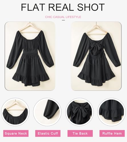 Image of Dokotoo Womens Dress Long Lantern Sleeve Square Neck Tie Backless Sexy Dress Ruffle Elastic Waist A-Line Mini Dress