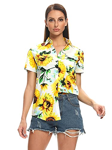 Aeslech Women s Button Down Hawaiian Shirt Sunflower Print Short Sleeve Casual Summer Aloha Party Tops A White S