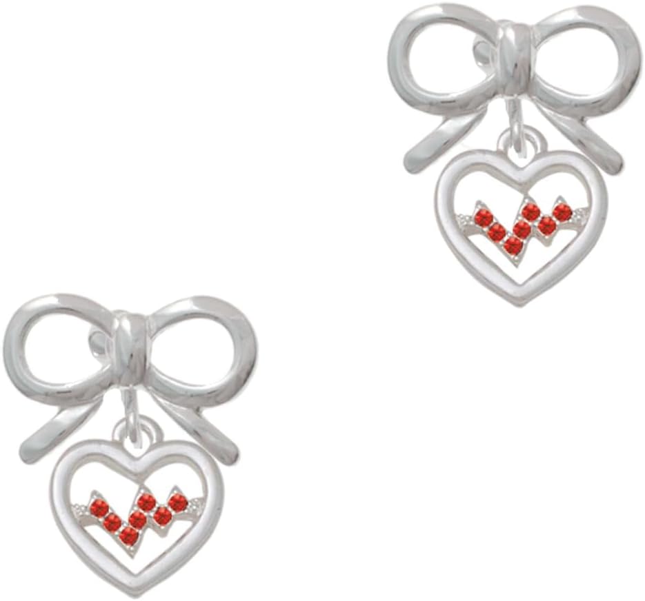 Delight Jewelry Silvertone Heart with Crystal Heartbeat Silvertone Bow Clip On Earrings
