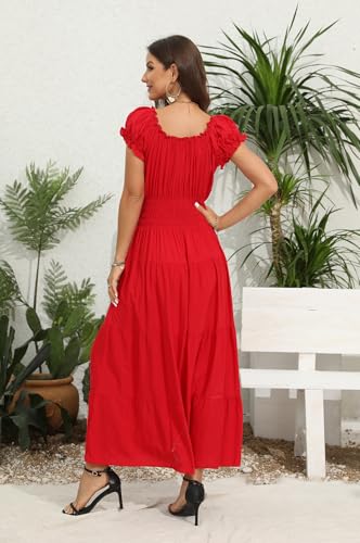 Image of OSTOO Women's Floral Maxi Dress Boho Summer Short Sleeve Smocked Waist Tiered Long Dress