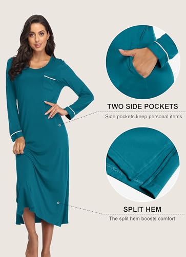 EA'S SECRET Nightgowns for Women Long Sleeve V Neck Nightshirts Soft Knit Sleepwear Full Length Loungewear with Pocket4