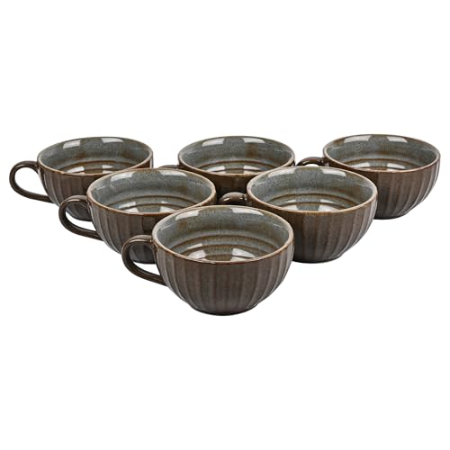Image of Premium Grey Brown Ceramic Tea Cup Set of 6 | Handmade Stoneware Coffee & Tea Mugs | 220 ml Each | Microwave, Dishwasher Safe | Textured Design | Chai Cups for Home, Office & Gifting