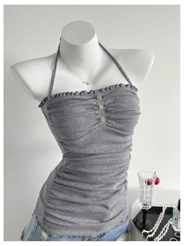 Milumia Women's Ruched Frill Trim Backless Halter Top Sleeveless Slim Fit Summer Camis4