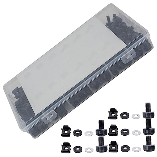 Anneome Juego De 100 Tornillos Metálicos M6 Para Rack Tuercas Enjauladas y Arandelas Negras, Tornillos Multifuncionales Para Montaje De Gabinetes y Racks De Servidores