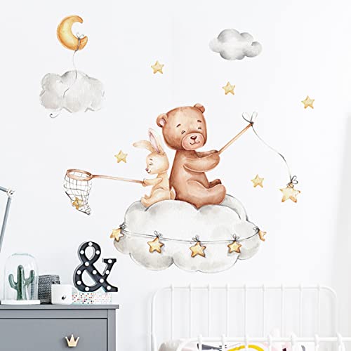 Cute Bear And Bunny On Clouds Nursery Decor Cute Bear And Rabbit With Clouds Stars Wall Decals Vinyl Wall Stickers For Kids Boys Girls Bedroom Daycare Classroom Playroom And Kids Room Wall Decor #TOP3