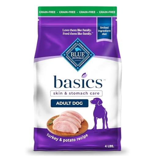 Blue Buffalo Basics Grain-Free Adult Dry Dog Food, Skin & Stomach Care, Limited Ingredient Diet for Dogs, Turkey Recipe, 4-lb. Bag
