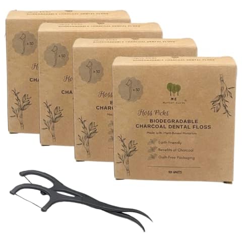 Me Mother Earth Vegan Biodegradable Dental Floss Picks (200 Count) - Natural | Sustainable | Eco-Friendly | Charcoal Dental Flossers for a Zero Waste Oral Care Cover