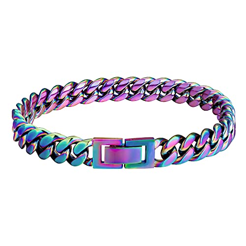 Huamingsh 10Mm Rainbow Colorful Gold Plated Titanium Stainless Steel Cuban Link Bracelet For Men Women Bangle Cuff Curb Chain Hip Hop Jewelry 8 Inches (Upmn027-8Hm) #TOP19