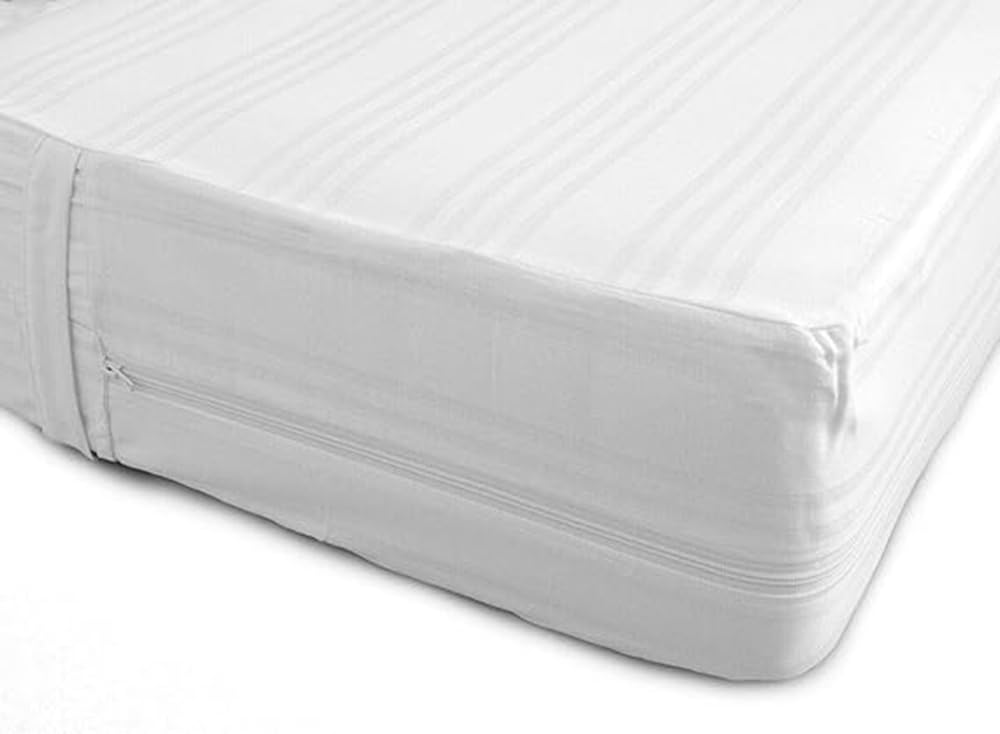 Coprimaterasso con Cerniera, Fodera Materasso con Cerniera, per letto Matrimoniale, in Cotone Damascato, tessuto sanforizato aster (Bianco, Singolo 90x200)