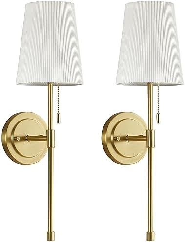 Wall Sconces Sets of 2, Retro Industrial Wall Lamps with Pull Chain, Bathroom Vanity Sconces Wall Lighting with White Fabric Shade, Indoor Wall Lights for Bedroom Living Room Corridor Kitchen, Gold