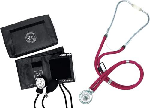 Image of EMI Burgundy Sprague Rappaport Stethoscope and Black Aneroid Sphygmomanometer Manual Blood Pressure Set Kit M#340 - Perfect for Nurses and Medical Professionals