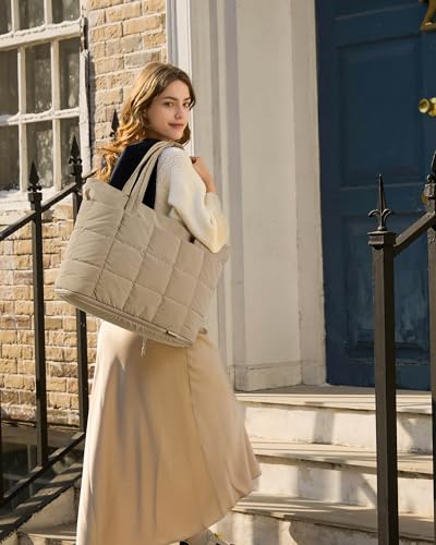 Image of BAGSMART Expandable Tote Bag for Women, Puffer Work Tote Handbag, Quilted Carry On Bag for Travel Gym