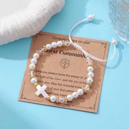 Image of Cross Pearl Bracelet, First Communion Gifts, Baptism, Easter Gifts for Teen Girls, Faith Christian Religious Bracelet for Girls