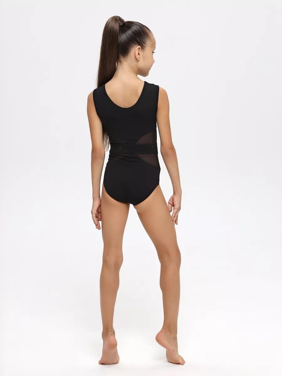 Turnanzug Mädchen ärmellos mit Mesh-Einsätzen & Glitzerband – für Rhythmische Sportgymnastik, Ballett & Tanz | 4-Wege-Stretch, atmungsaktiv, 92% Baumwolle, Schwarz