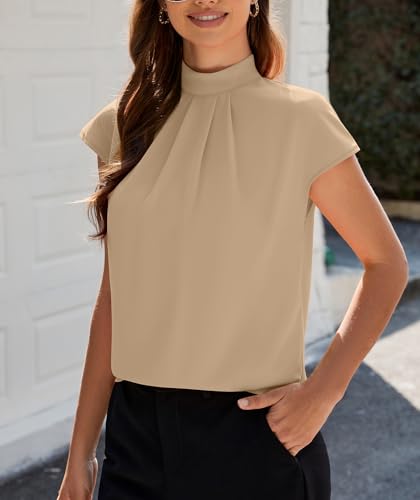 Image of Funlingo Womens Summer Tops Mock Neck Short Cap Sleeve Blouses Business Casual Work Chiffon Shirts Front Pleated Tunic Top