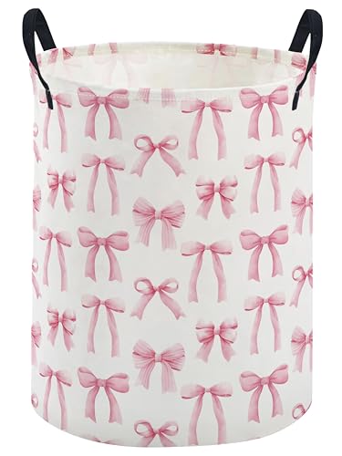 Image of ESSME Kids Laundry Basket,Pink Hamper Collapsible Canvas Waterproof Storage Bin for Girls, Cute Hamper,Gift Baskets(Bowknot)