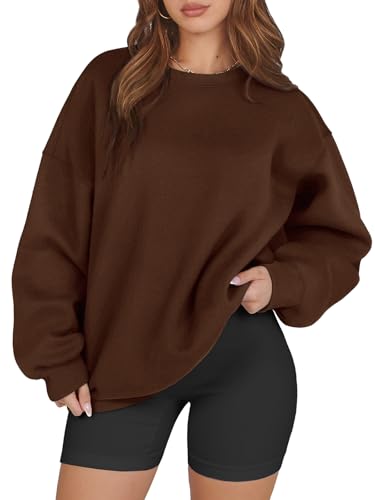 ATHMILE Sudadera de gran tamaño para mujer, cuello redondo, forro polar, manga larga, sudadera con capucha para otoño, ropa de moda 2024, Marrón, Large