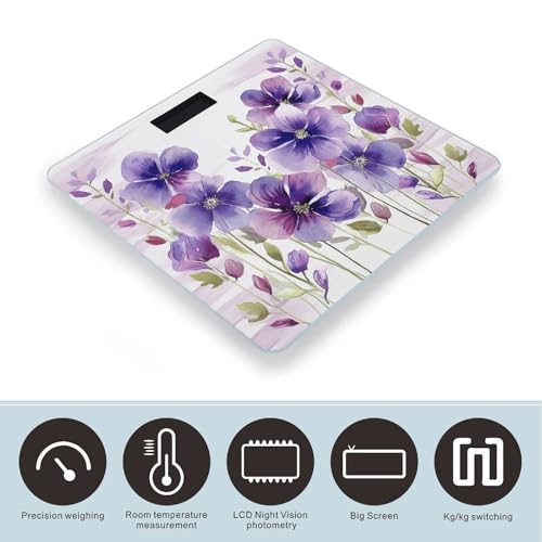 Báscula digital de baño con diseño flores moradas 26x26 cm miniatura 3