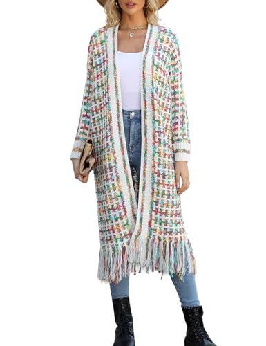Image of Womens Boho Cardigan Sweater Maxi Long Colorful Fringed Tassels Knitted Cardigan Jacket Outwear