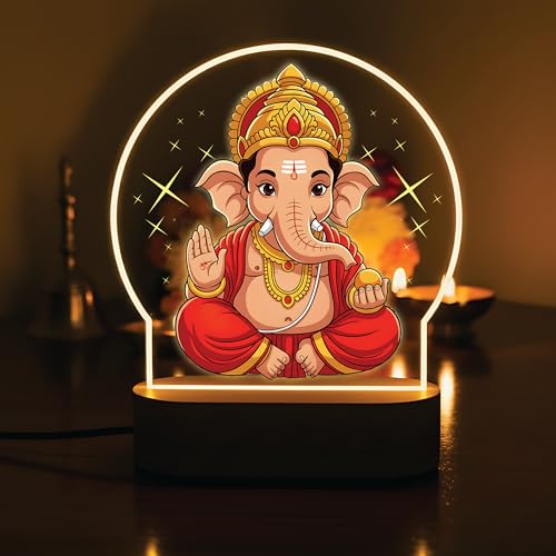 Image of Giftplease Lord Ganesha Printed LED Night Light - Vibrant Ganpati Bappa Desk Lamp with Warm Glow - Divine Home Decor for Pooja Room, Office, & Spiritual Gifting GL 04